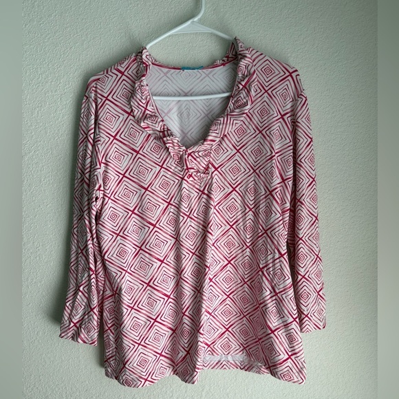 J McLaughlin Pink White Diamond Print Ruffle Neck Top Women's Blouse size L - Picture 4 of 6